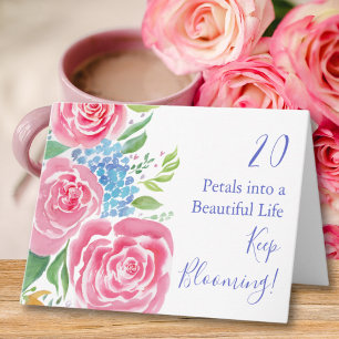 Watercolor Loose Roses  & Hydrangea 20th Birthday Card