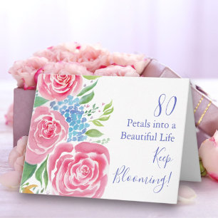 Watercolor Loose Roses  & Hydrangea 80th Birthday Card