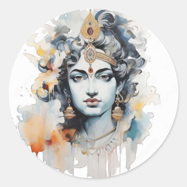 Watercolor Lord Krishna face Classic Round Sticker (Front)