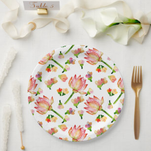 Watercolor lotus blossom & berry pattern paper plate