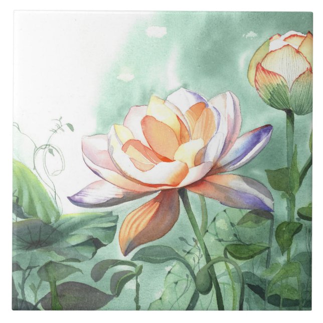 Watercolor Lotus Ceramic Tile (Front)