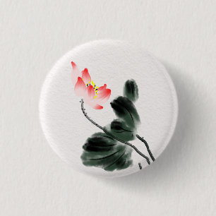 Watercolor Lotus Floral Chinoiserie Ink Wash Art 3 Cm Round Badge
