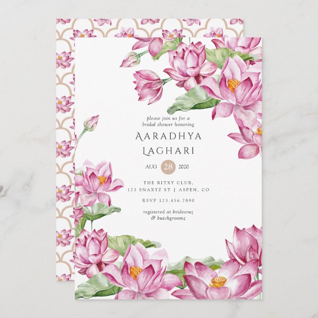 Watercolor Lotus Flower Indian Bridal Shower Invitation (Front/Back)