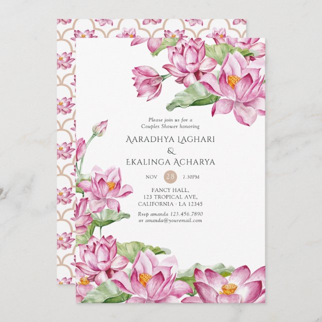 Watercolor Lotus Flower Indian Couples Shower Invitation (Front/Back)