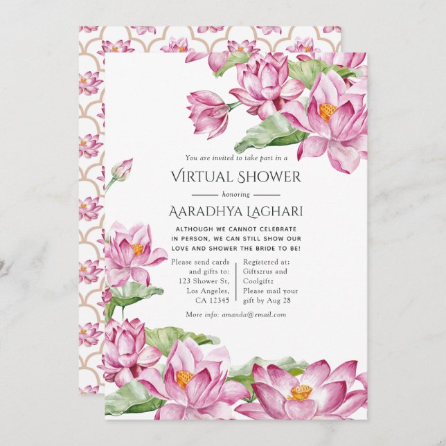 Watercolor Lotus Flower Indian Virtual Shower Invitation (Front/Back)