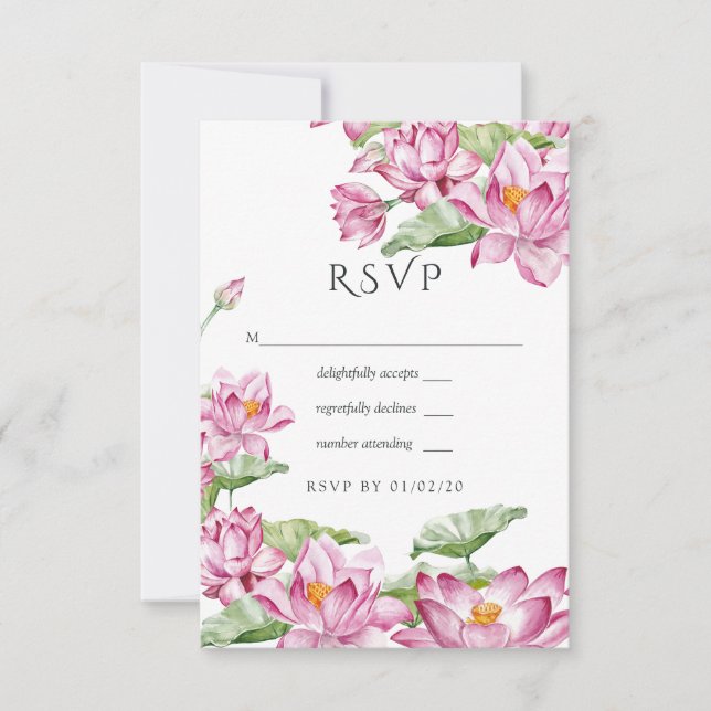 Watercolor Lotus Flower Indian Wedding RSVP Card (Front)