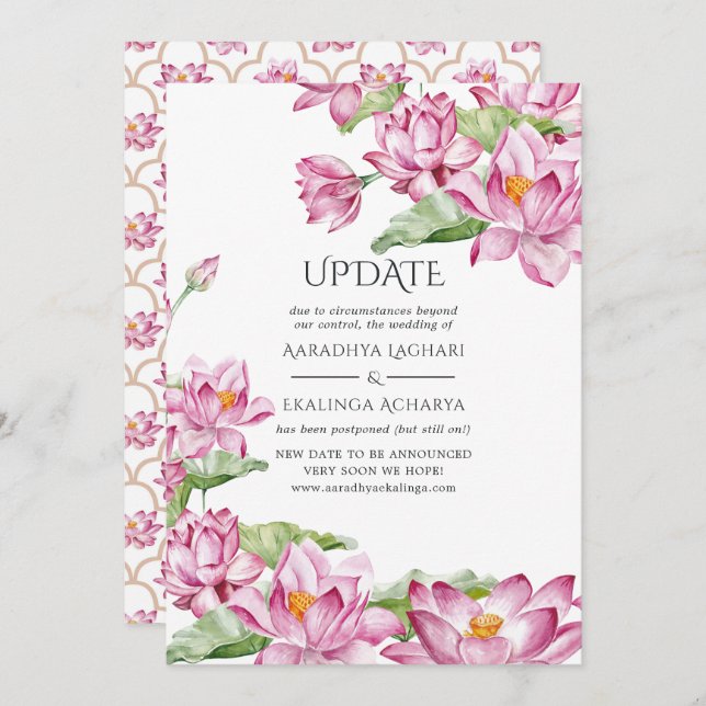 Watercolor Lotus Flower Indian Wedding Update Invitation (Front/Back)