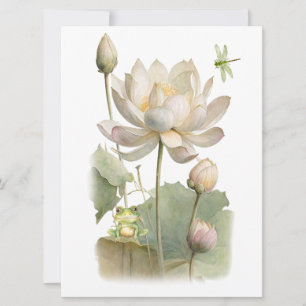 Watercolor Lotus Flowers, Frog and Dragonfly Card