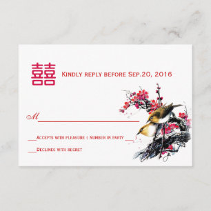 Watercolor Love Birds Chinese Xi RSVP Card