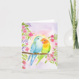 Watercolor Love Birds with Pink Flowers Card