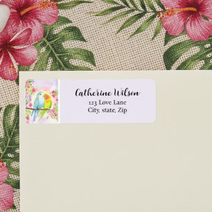 Watercolor Love Birds with Pink Flowers Return Address Label