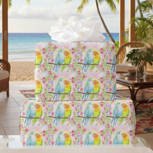 Watercolor Love Birds with Pink Flowers Wrapping Paper