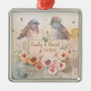 Watercolor love birds with roses for wedding metal ornament