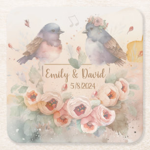 Watercolor love birds with roses for wedding square paper coaster