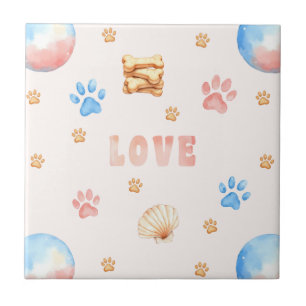 Watercolor "LOVE" Design with Dog Paw Prints Ceramic Tile