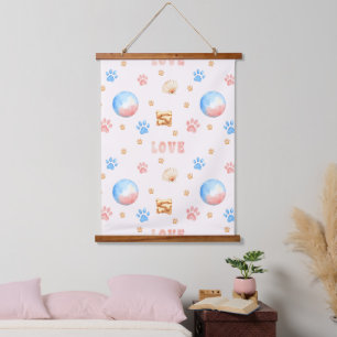 Watercolor "LOVE" Design with Dog Paw Prints Hanging Tapestry