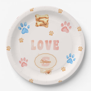 Watercolor "LOVE" Design with Dog Paw Prints Paper Plate
