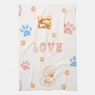 Watercolor "LOVE" Design with Dog Paw Prints Tea Towel