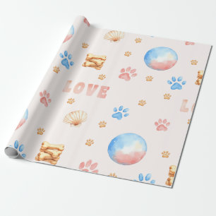 Watercolor "LOVE" Design with Dog Paw Prints Wrapping Paper