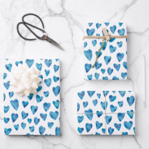 Watercolor Love Heart blue pattern Wrapping Paper Sheet