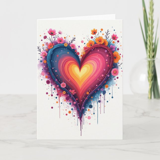 Watercolor Love Heart Flowers Card (Front)