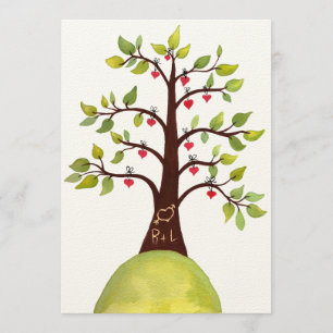 Watercolor Love Heart Tree Carving Wedding Invite