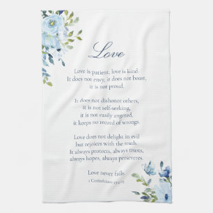 Watercolor Love is Patient Blue White Kitchen Tea Towel