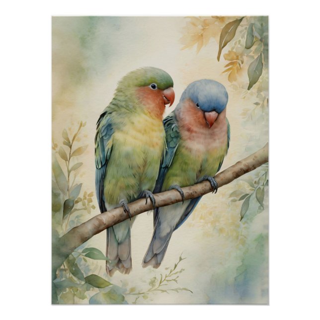 Watercolor Lovebirds Eucalyptus Tree Poster (Front)