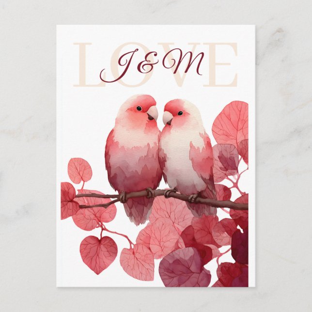 Watercolor Lovebirds with Custom Initials Postcard (Front)