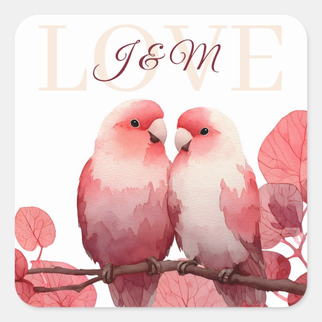 Watercolor Lovebirds with Custom Initials Square Sticker (Front)