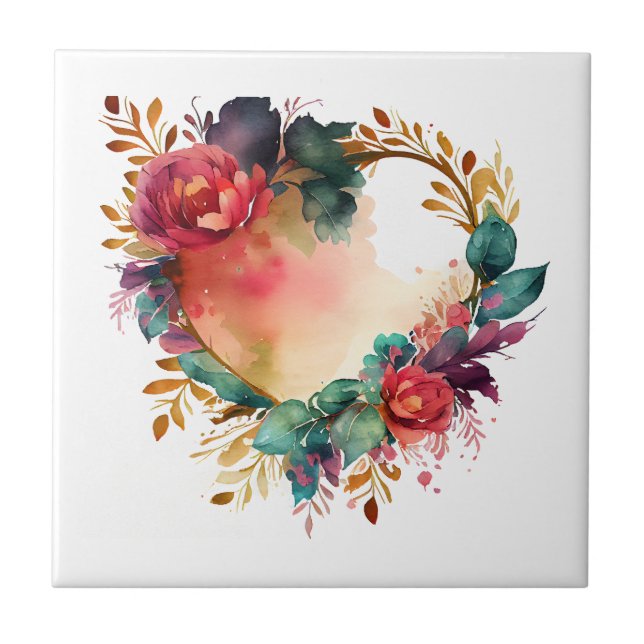 Watercolor-Loving Birds & Flowers Lovers'  Ceramic Tile (Front)
