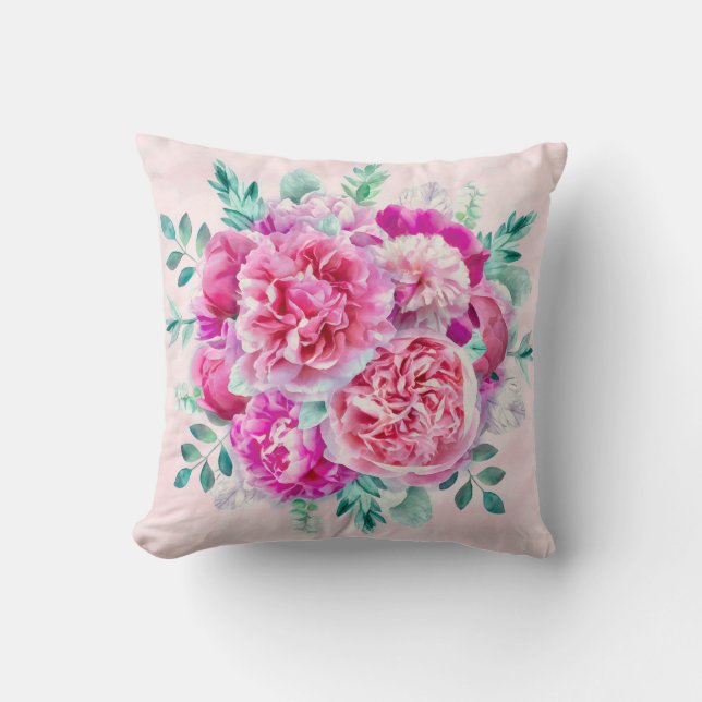 Watercolor Lush Pink Peonies & Green Teal Leaves Cushion (Front)