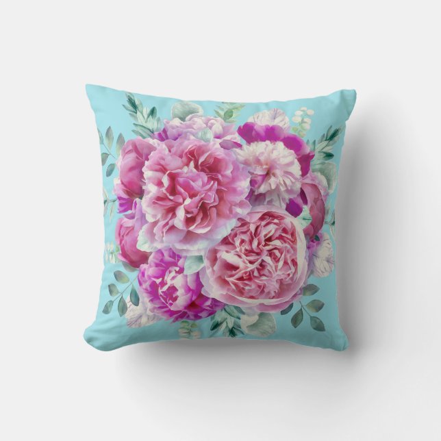 Watercolor Lush Pink Peonies & Green Teal Leaves Cushion (Front)