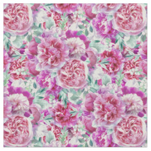Watercolor Lush Pink Peonies & Green Teal Leaves Fabric