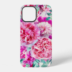 Watercolor Lush Pink Peonies & Green Teal Leaves iPhone 12 Case