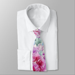 Watercolor Lush Pink Peonies & Green Teal Leaves Tie