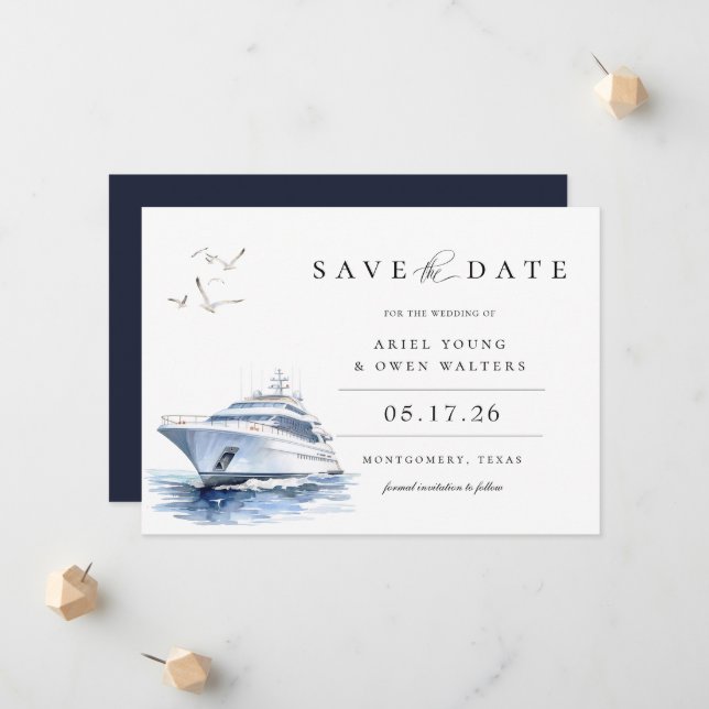 Watercolor Luxury Yacht Nautical Save The Date Announcement (Front/Back In Situ)