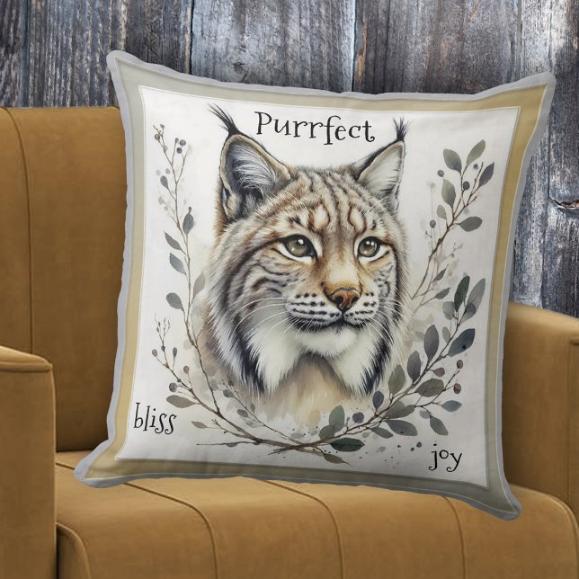 Watercolor Lynx Big Cat Cushion (Pillow featuring a modern watercolor painting of a lynx with some vegetation - big cat - cat lover)
