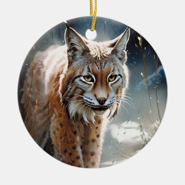 Watercolor Lynx Ceramic Ornament (Front)