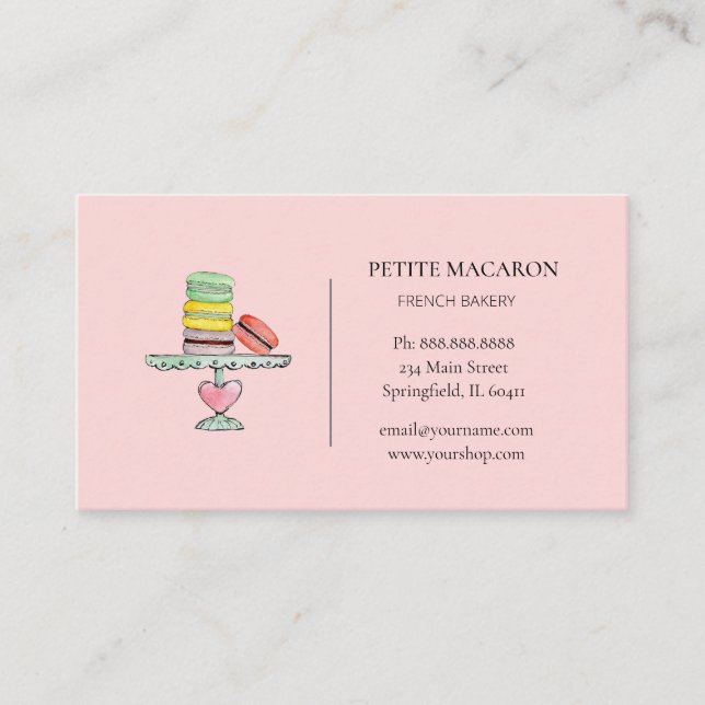Watercolor Macarons pink bakery business card (Front)
