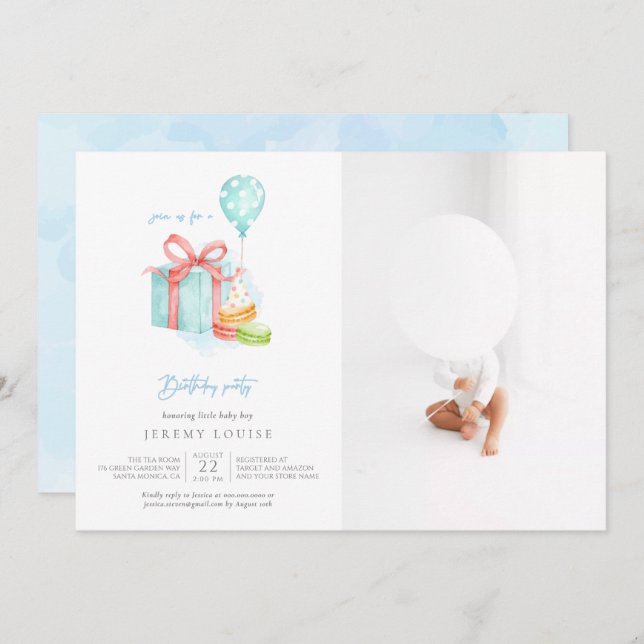 Watercolor Macaroons Baby Boy Birthday Party Photo Invitation (Front/Back)