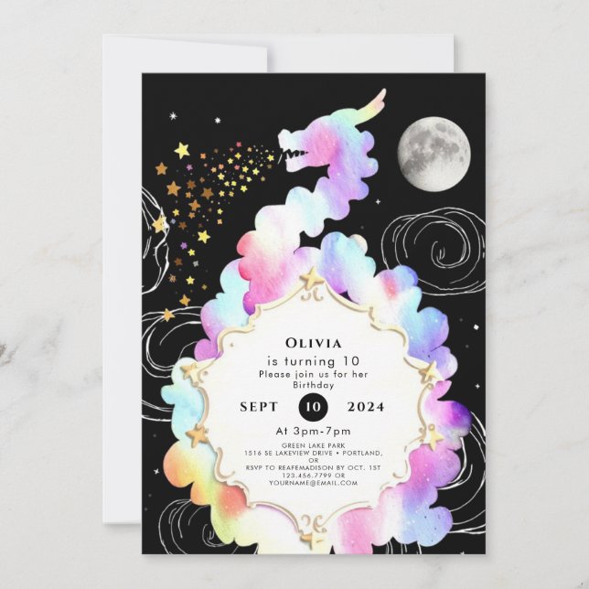 Watercolor Magic Dragon Birthday Invitation (Front)