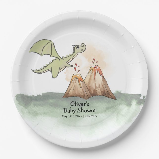Watercolor Magic Dragon Mountain Boy Baby Shower Paper Plate (Front)