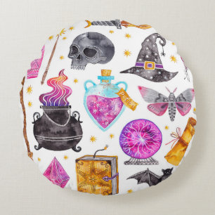 Watercolor magic icons. Hand drawn, doodle, sketch Round Cushion