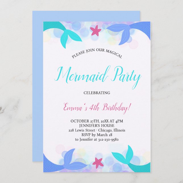 Watercolor Magical Mermaid Birthday Invitation (Front/Back)