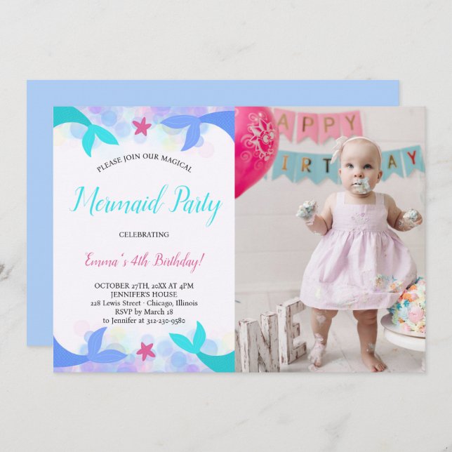 Watercolor Magical Mermaid Birthday Photo Invitation (Front/Back)