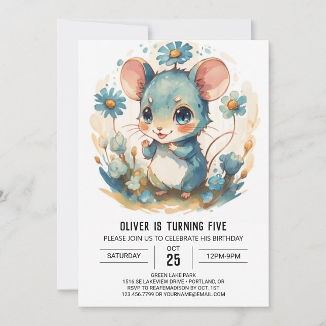 Watercolor Magical Mouse Birthday Invitation (Front)
