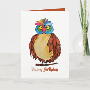 Watercolor Magical Owl With Rainbow Feathers Card