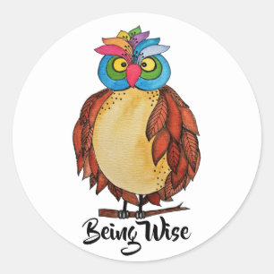 Watercolor Magical Owl With Rainbow Feathers Classic Round Sticker
