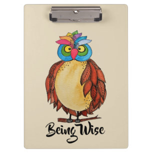 Watercolor Magical Owl With Rainbow Feathers Clipboard
